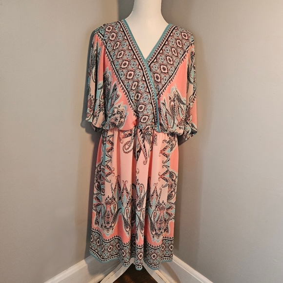 Cato Peach and Teal Boho Print Faux Wrap Style Dress with Deep V Neck - Picture 1 of 11
